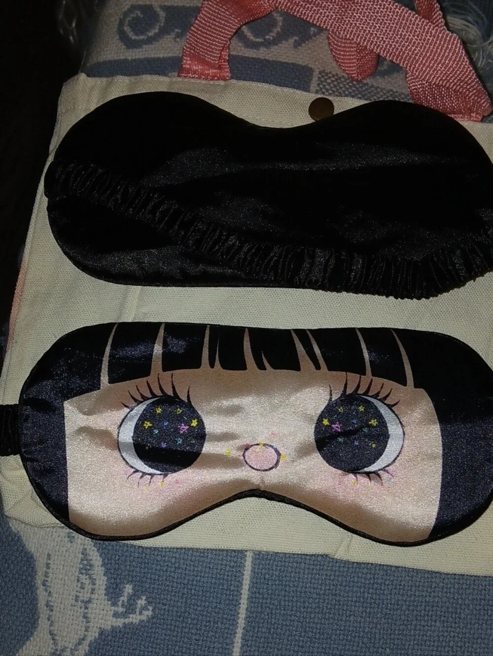 Satin #SleepMask - Black and Cream Cartoon Design #eyemask